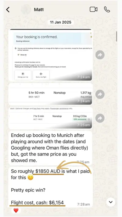 Matt's booking confirmation: Bangkok → Munich on Oman Air for ~$1,850 AUD vs $6,154 cash