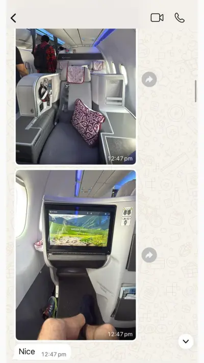 Air Astana Business Class — client photos of seat and legroom: 'Nice'