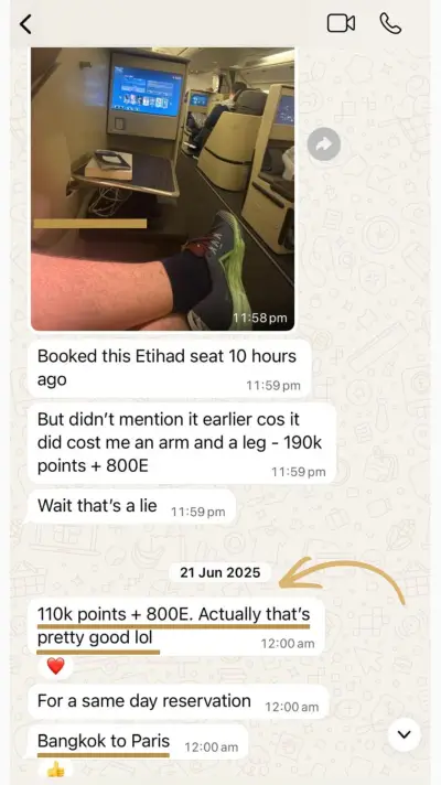 Etihad Business Class booked last-minute: 110k points + $800 — Bangkok to Paris same-day reservation