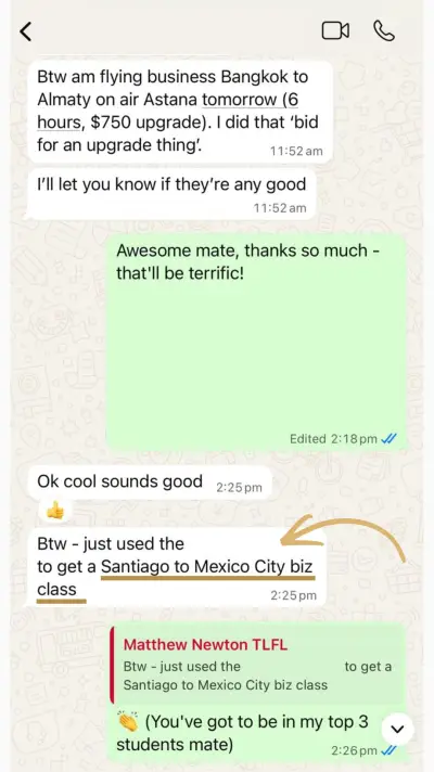 Matthew's win: Bangkok → Almaty Business on Air Astana ($750 upgrade) + Santiago → Mexico City biz class