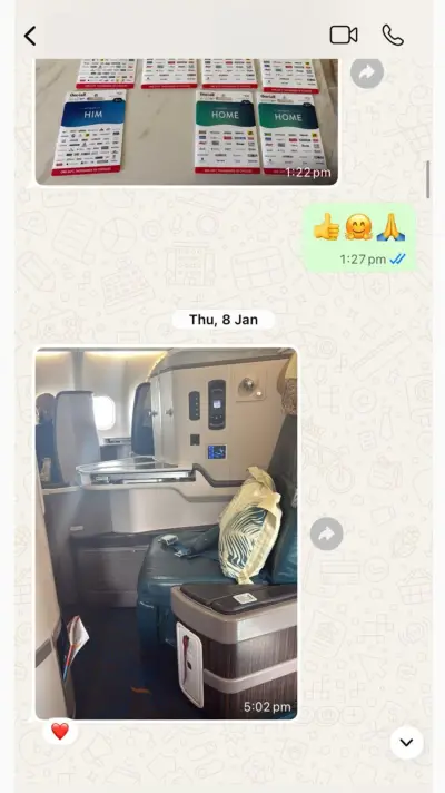 Client photo: Business Class cabin shot + gift cards used to top up points