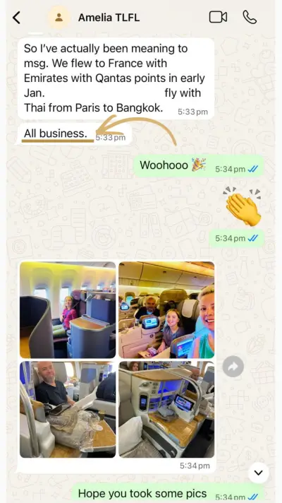 Amelia's win: 'All business' — flew family to France with Emirates and Thai using Qantas points