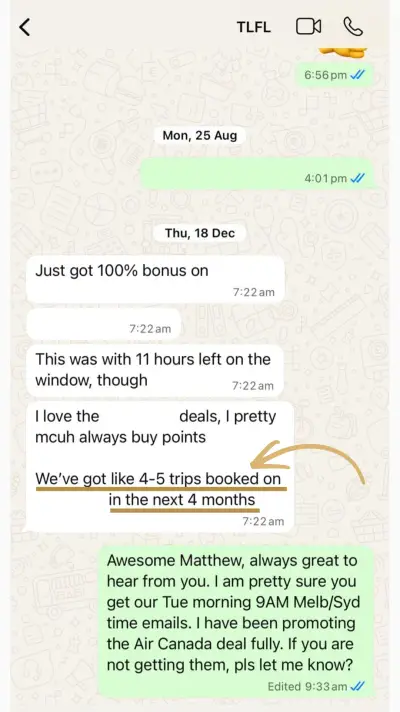 Matthew's win: 100% bonus on points + 4-5 trips booked in the next 4 months
