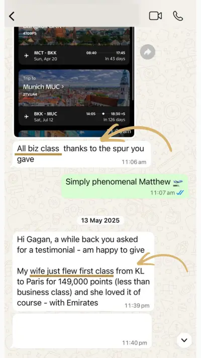 Matthew's testimonial: Bangkok → Munich all biz class + wife flew First Class KL → Paris on Emirates for 149k points