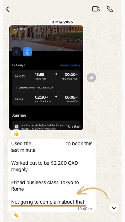Etihad Business Class Tokyo → Rome via Abu Dhabi for $2,200 CAD — last minute booking