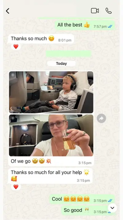 Family Business Class trip: 'Of we go' — child and mum enjoying premium cabin with champagne