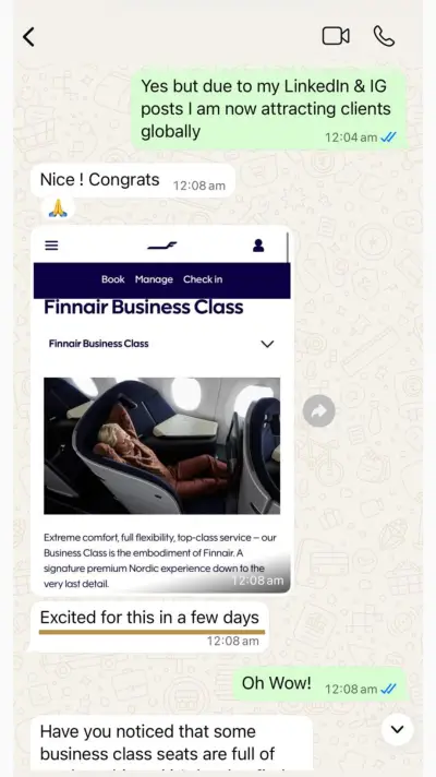 Client win: Finnair Business Class — 'Excited for this in a few days'