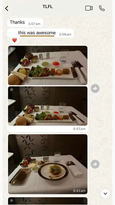 Client message: 'Thanks, this was awesome' — premium cabin meal service photos