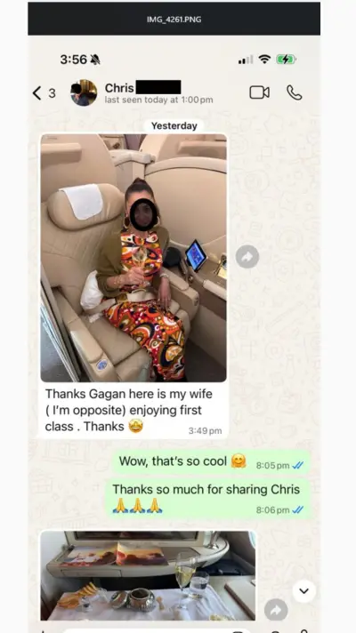 Chris's wife enjoying First Class — 'Thanks Gagan, here is my wife enjoying first class'