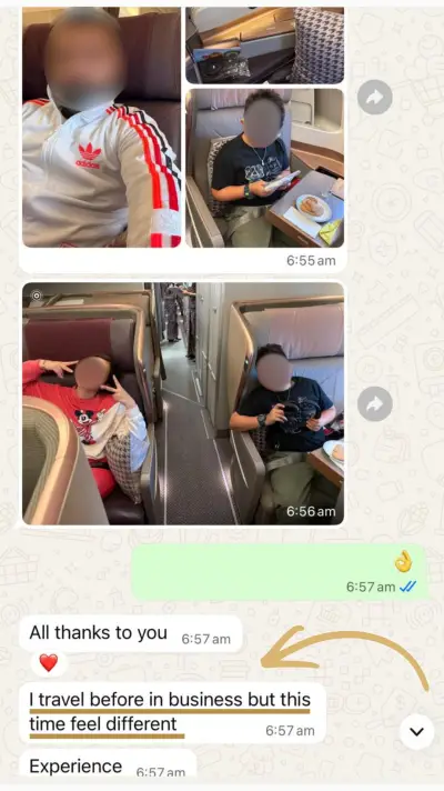 Family photos in Business Class — 'I travel before in business but this time feel different'