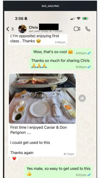 Chris's First Class experience — 'First time I enjoyed Caviar & Don Perignon... I could get used to this'