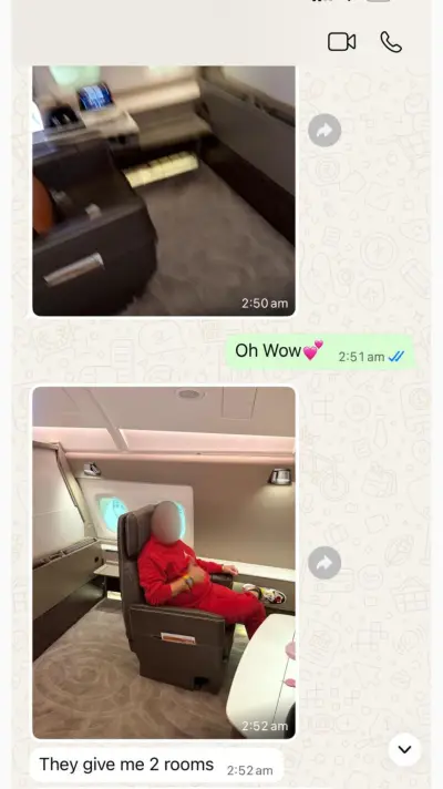 Client message: 'They give me 2 rooms' — surprise First Class suite upgrade